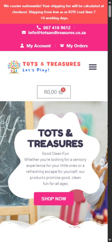 Tots & Treasures website on mobile